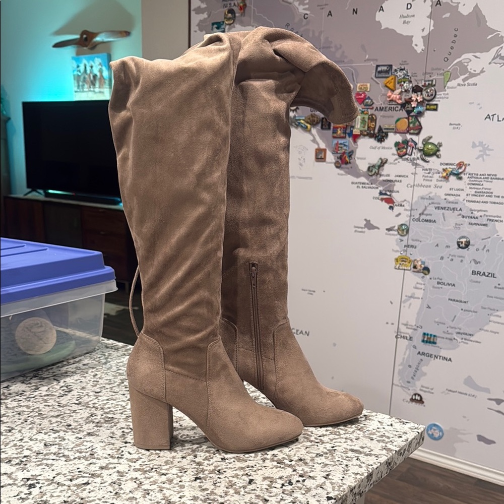 Christian Siriano Tan Suede Over the Knee Boots 9